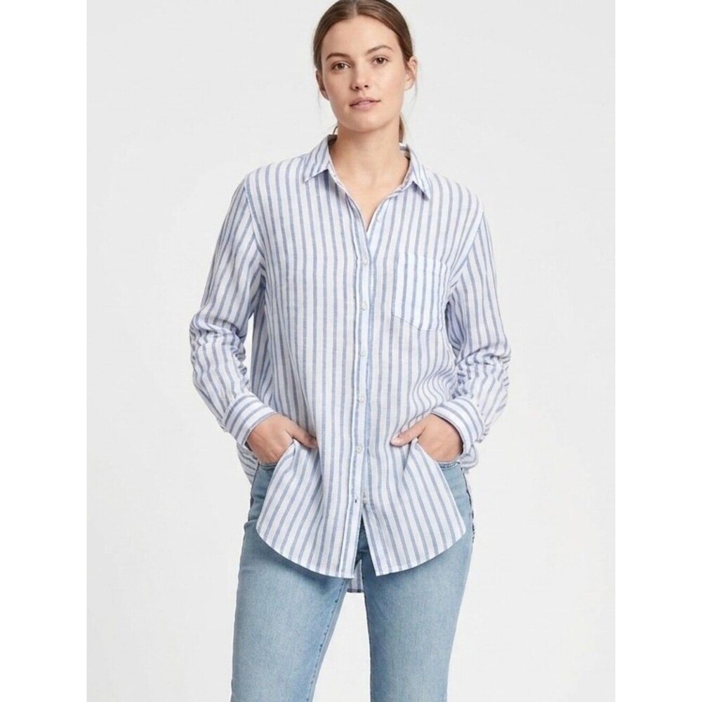 H&M Blue White Striped 100% Linen Button Down Shirt Large Classic Quiet Luxury